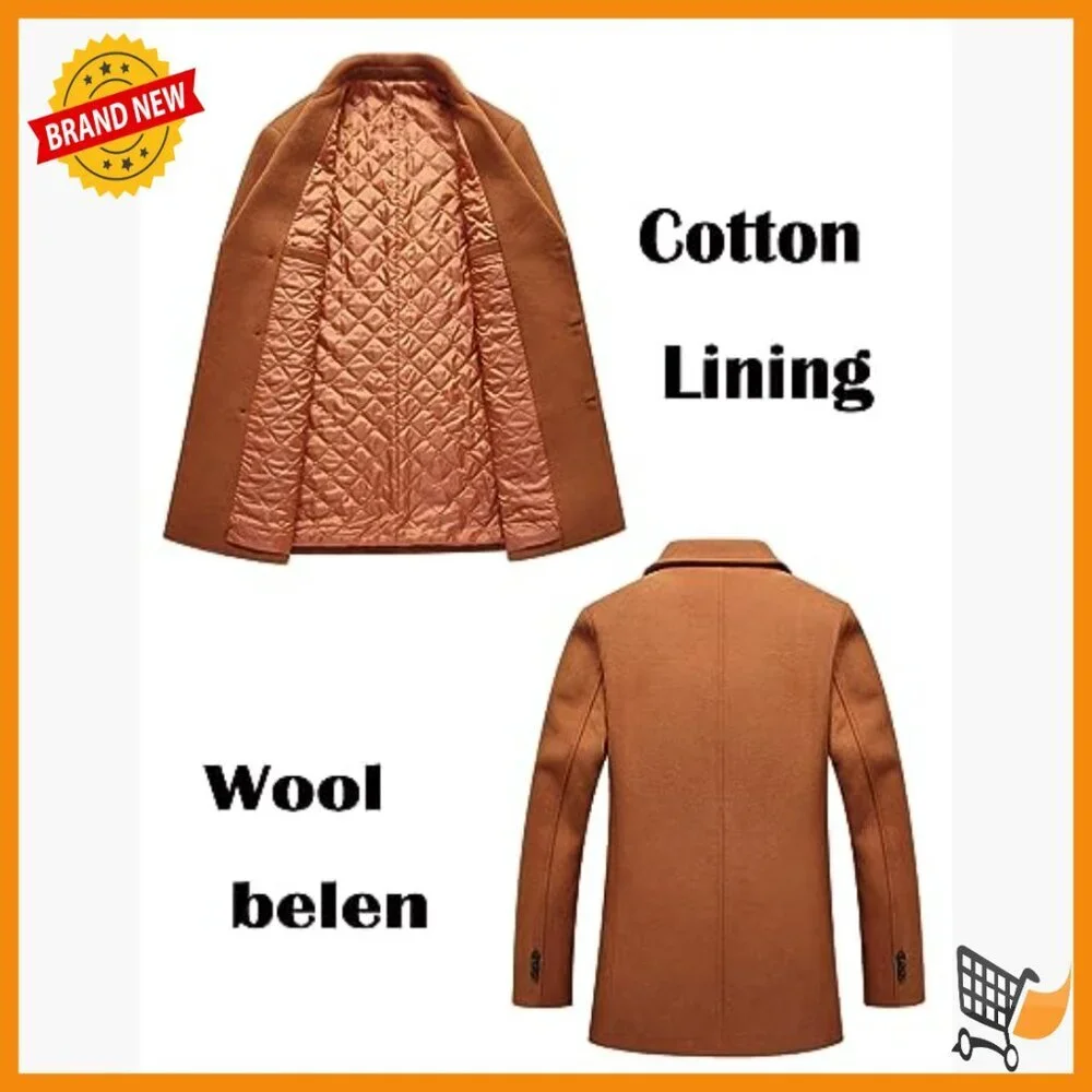 Slim Fit Wool Blend Pea Coat Double Breasted Winter Overcoat Long Sleeve